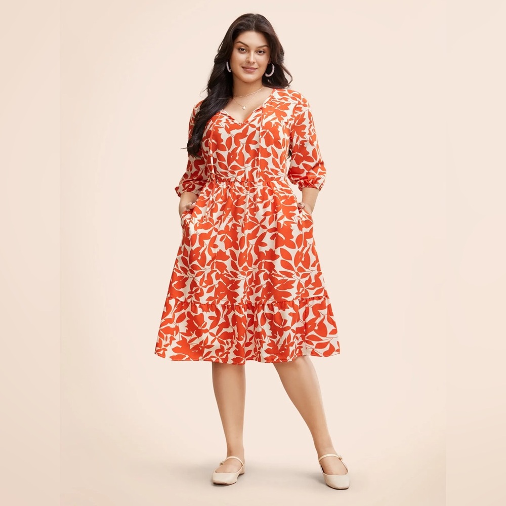 BloomChic Orange and White Midi Sundress with V-Neck